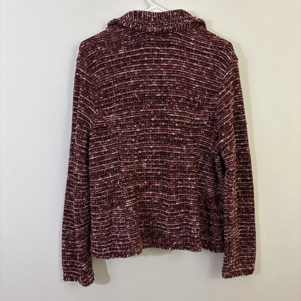 Chicos Size 3 Tweed Blazer Fringe Knit Maroon Winter Career‎ Professional Cotton